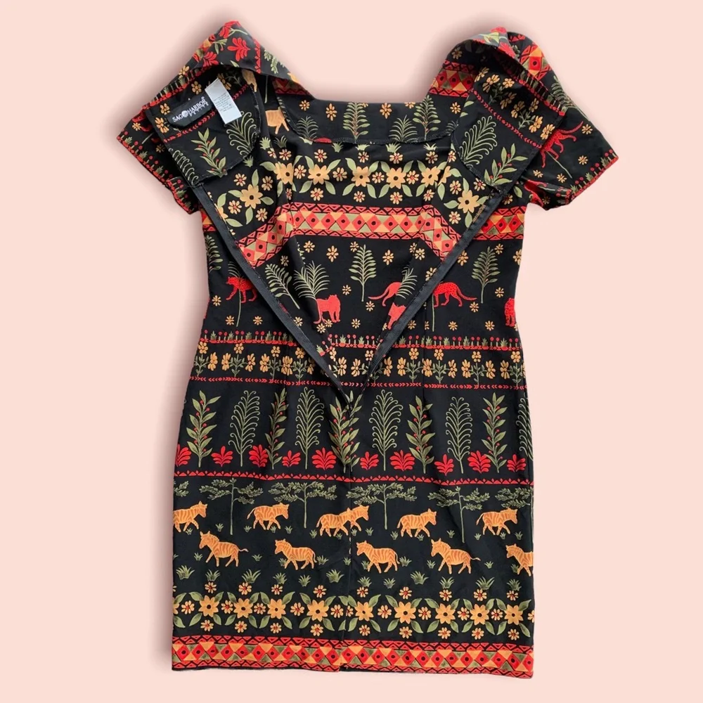VTG 1990s Sag Harbor Petite Black Safari Print Dress - Picture 10 of 10